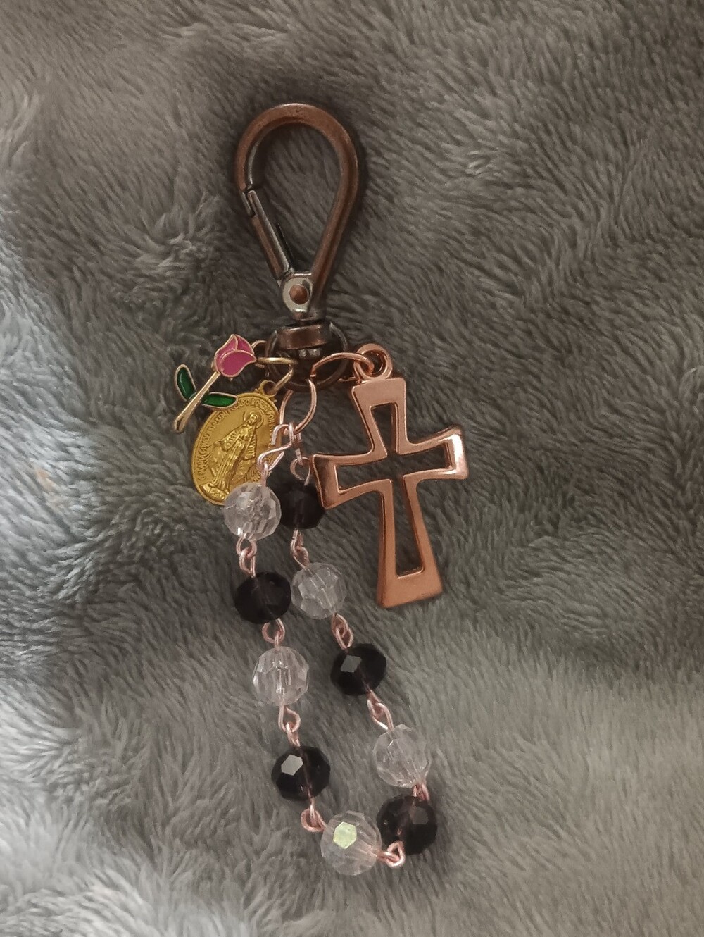 Rose Gold Cross and Bead Keychain with Pink and Deep Purple Accents